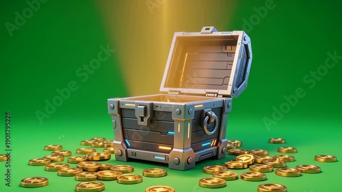 Animated Sci-Fi Treasure Chest Opening with Glowing Light and Gold Coins