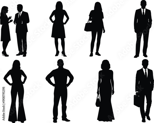 Silhouettes of business men and women in professional poses, corporate people standing and communicating, leadership, teamwork and career success concept illustration isolated on white background