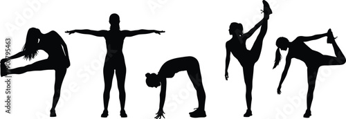 Silhouettes of women stretching and performing yoga fitness poses, flexibility balance and strength training concept, healthy lifestyle collection isolated on white background illustration