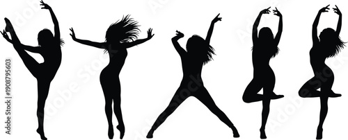 Silhouettes of female dancers in dynamic poses, expressive movement and flexibility, modern dance fitness concept, graceful performance collection isolated on white background illustration