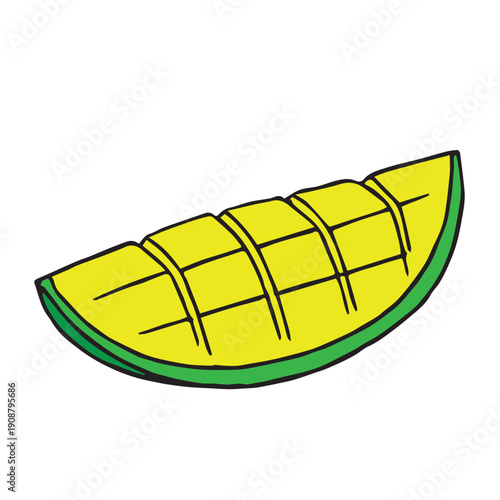 A minimalist vector artwork showing a mango sliced into neat cube shapes, symbolizing fresh fruit serving, tropical food freshness, healthy eating lifestyle, and natural fruit nutrition concept 