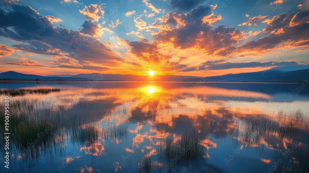 Fototapeta premium Vibrant Sunset Over Calm Lake Reflecting Fiery Sky.