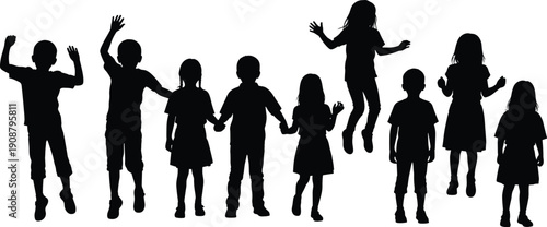 Happy children silhouettes holding hands and jumping together, playful kids group activity concept, childhood friendship, joy, freedom, education growth isolated
