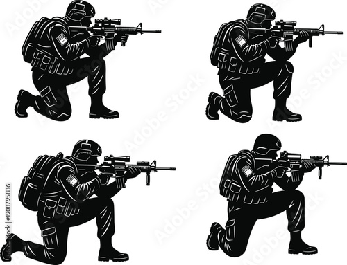 Tactical soldier silhouettes in kneeling shooting pose, military vector illustration set, armed security personnel concept, combat training stance, special forces figures isolated on white background