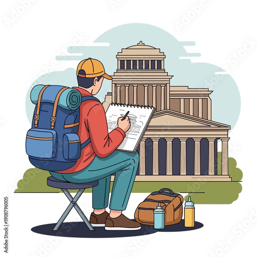 Artist sketching historic building on travel