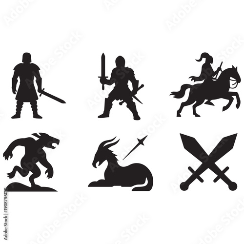 Medieval warriors and mythical creatures in dramatic poses with swords