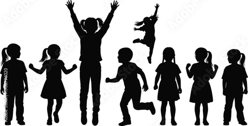 Happy children silhouettes jumping and playing together, kids energy and joy concept illustration, childhood friendship, playful group activity, education, growth, freedom isolated on white background