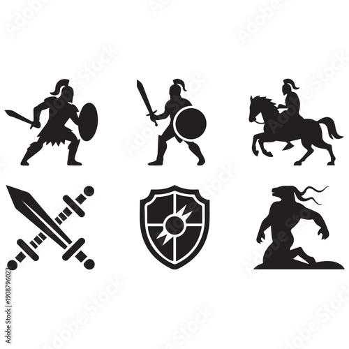 Warriors and weapons in dynamic battle poses with shields