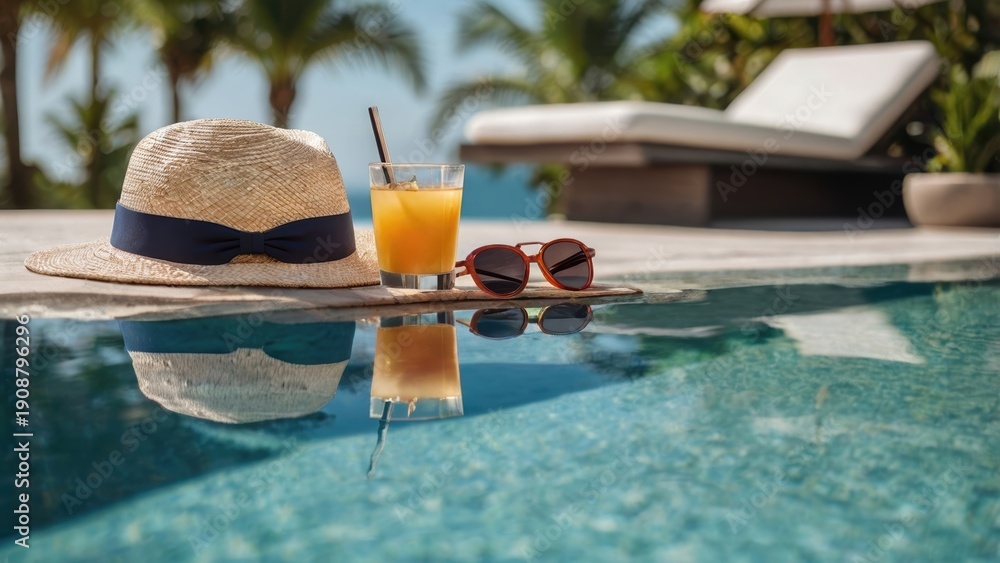 Obraz premium Tranquil Poolside Retreat: A straw hat, stylish sunglasses, and a refreshing drink rest invitingly on the edge of a crystal-clear pool, embodying the essence of relaxation and escape. 