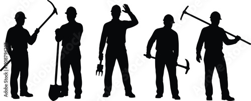 Construction worker silhouette set, with tools including pickaxe shovel helmet laborer poses, industrial workforce vector illustration isolated white background stock