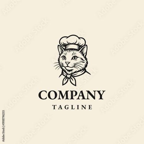 Cat chef vector logo template with engraved logo style.
