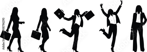 Businesswomen silhouette set showing professional female characters walking, celebrating success, holding briefcases in various poses, corporate career 