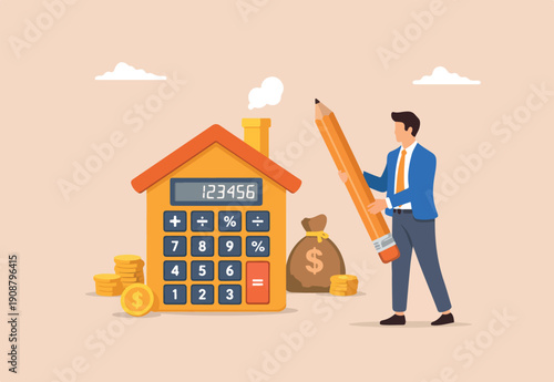  House mortgage calculation, residential budget, insurance or cost and expense, real estate investment or home decoration money concept, businessman agent or broker pencil with house calculator.