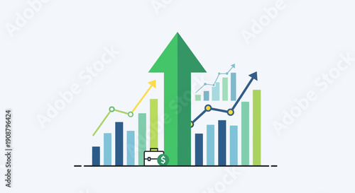 A 3d vector illustration of a financial business bar chart and market data graph showing an upward arrow for sales growth, profit increase, and success in the home stock finance industry