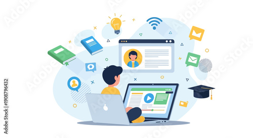 A modern laptop displays a social network concept featuring flat media icons and vector symbols for business communication and cloud technology connection across the global internet web