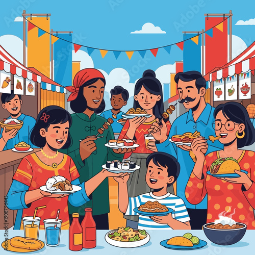 Diverse people enjoying street food festival with colorful stalls and city skyline