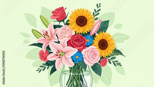 A vibrant bouquet of colorful spring flowers featuring pink gerberas and yellow daisies arranged in a vase captures the natural beauty of a floral blossom bunch
