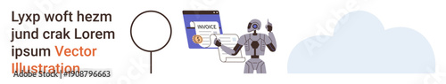 Artificial intelligence, automation, financial technology, digital transactions, cloud computing, data analysis. A robot holds an invoice with a magnifying glass and cloud in the background. AI