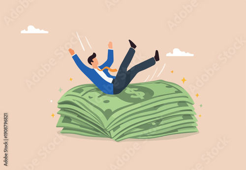 Insurance, reserve money or emergency fund on business failure, mistake or accident, compensation or money and cushion concept, fail businessman falling on huge money banknotes safety cushion