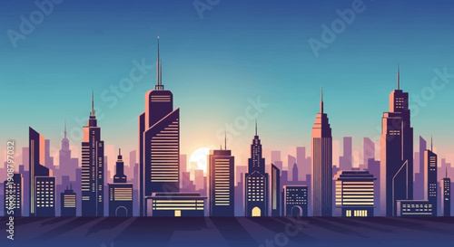 Cityscape with modern skyscrapers at dusk with vibrant skyline.