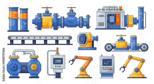 Industrial machinery and equipment set with robotic arms and control panels.