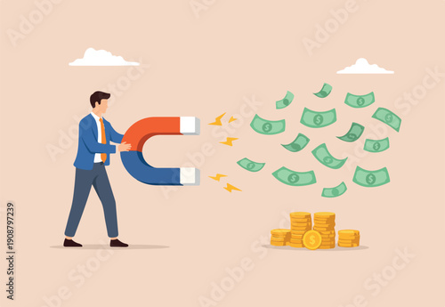 Money magnet, power to attract business opportunity and earn more profit or increase wealth, salary raise or earn more income concept, smart businessman high power magnet to draw money banknotes.