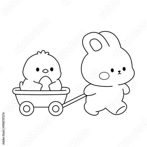 Coloring Page of a Cute Bunny Pulling a Little Wagon Filled with Cute Chick Holding an Easter Egg.  Cute Bunny and Chick Coloring Page for Easter Activity Printable. 