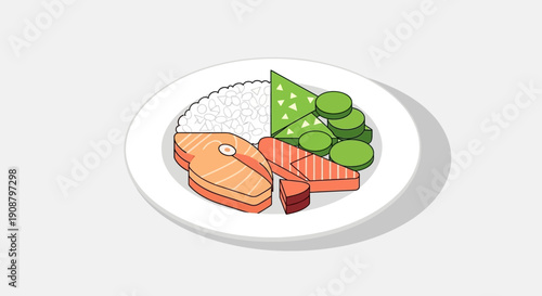 Healthy meal with grilled salmon and vegetables on a white plate.