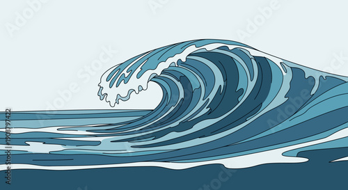 Large ocean wave illustration with blue hues and white foam.