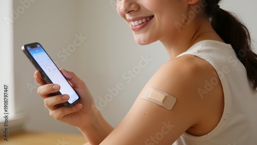 Woman with bandage on arm using smartphone