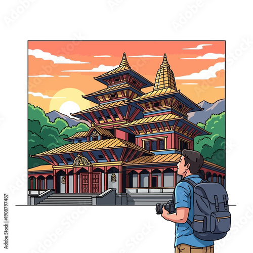 Pixel art traveler with camera photographing ornate temple at sunset