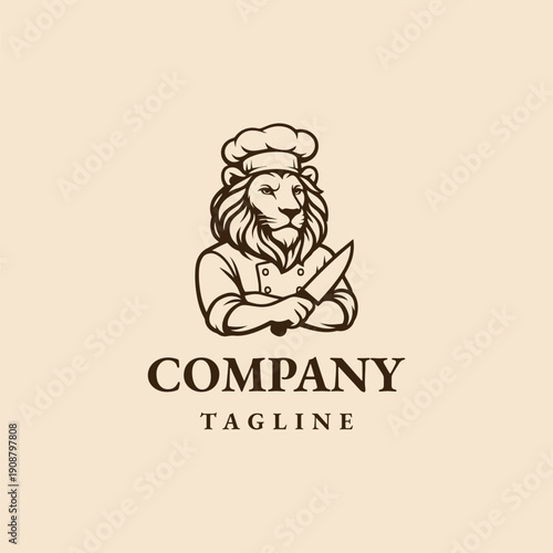 Lion chef vector logo template with engraved logo style.