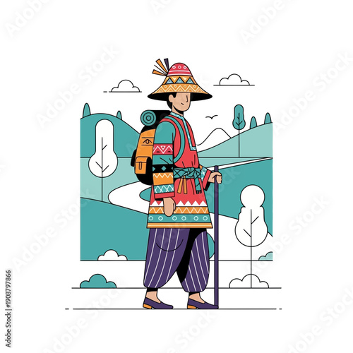 Traditional traveler with backpack and staff, walking through stylized landscape