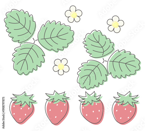 可愛いイチゴの手描き風カラーイラストセット