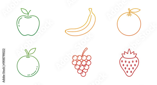 Colorful fruit icons set on white background.