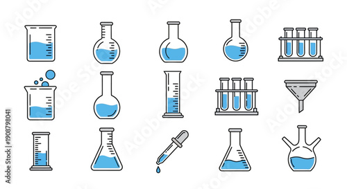 Laboratory Equipment Icons with Blue Liquid.