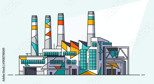 Industrial factory building with chimneys and modern architecture.