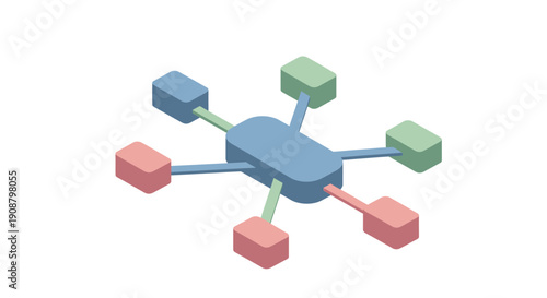 3D rendered diagram of a central hub connected to various blocks.