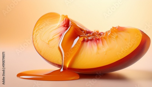 Peach Slice With Syrup Placed On A Plain Background Showing The Sweet Texture And Color Of The Fruit