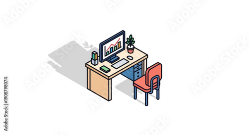 Isometric illustration of a modern office workspace with computer and chair.