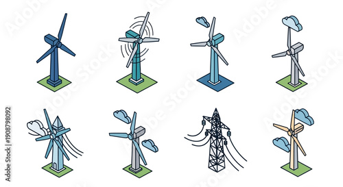 Set of various wind turbine designs and styles for renewable energy.
