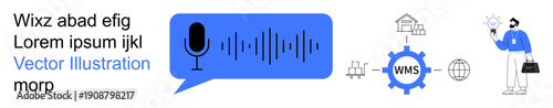 Voice recognition, logistics, global networking, workflow efficiency, remote work, technology solutions. Audio waveform, microphone and WMS gear icon. Voice recognition and logistics