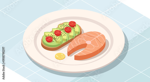 Salmon fillet served with avocado toast on a plate.