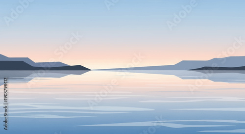 Serene lake landscape at dusk with calm water and distant mountains.