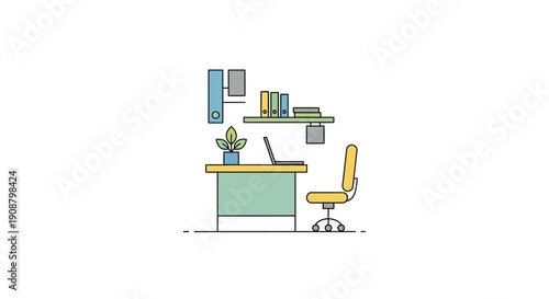 Modern office workspace with desk and chair illustration.