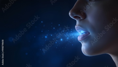 Closeup of a person exhaling glowing particles