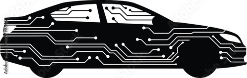 Stylized Black Car Silhouette with Circuit Board Design for Technology and Automotive Concepts