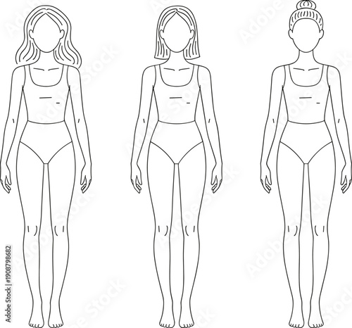Female fashion figure template, body proportion sketch, hairstyle variation reference, tank top model, minimal clothing, fashion design, anatomy study