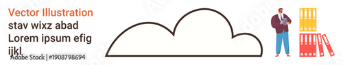 Business organization, data storage, cloud computing, productivity tools, office management, teamwork. Businessman beside folders and cloud shape. Organization and cloud computing