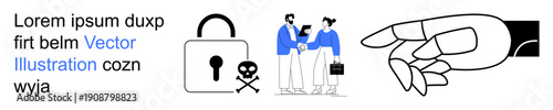 Cybersecurity, identity protection, online safety, phishing awareness, digital communication, teamwork. A padlock with a skull, two people interacting and a pointing hand. Cybersecurity and identity